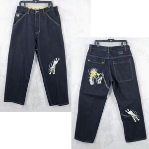Vintage Paco Jeans Men 34/30 Black Embroidered Pitbull Graphic Streetwear Denim‎